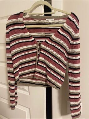 Full Tilt Retro 90’s Striped Tie-Front Cropped Knit Top - Rose Multi